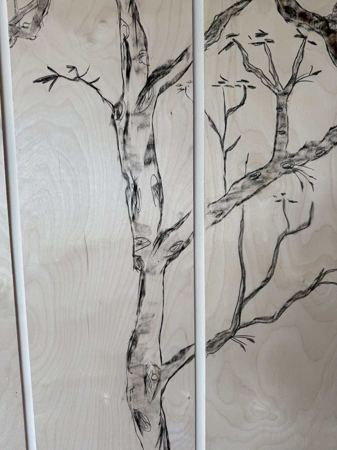 Tree panel — fire and charcoal on wood