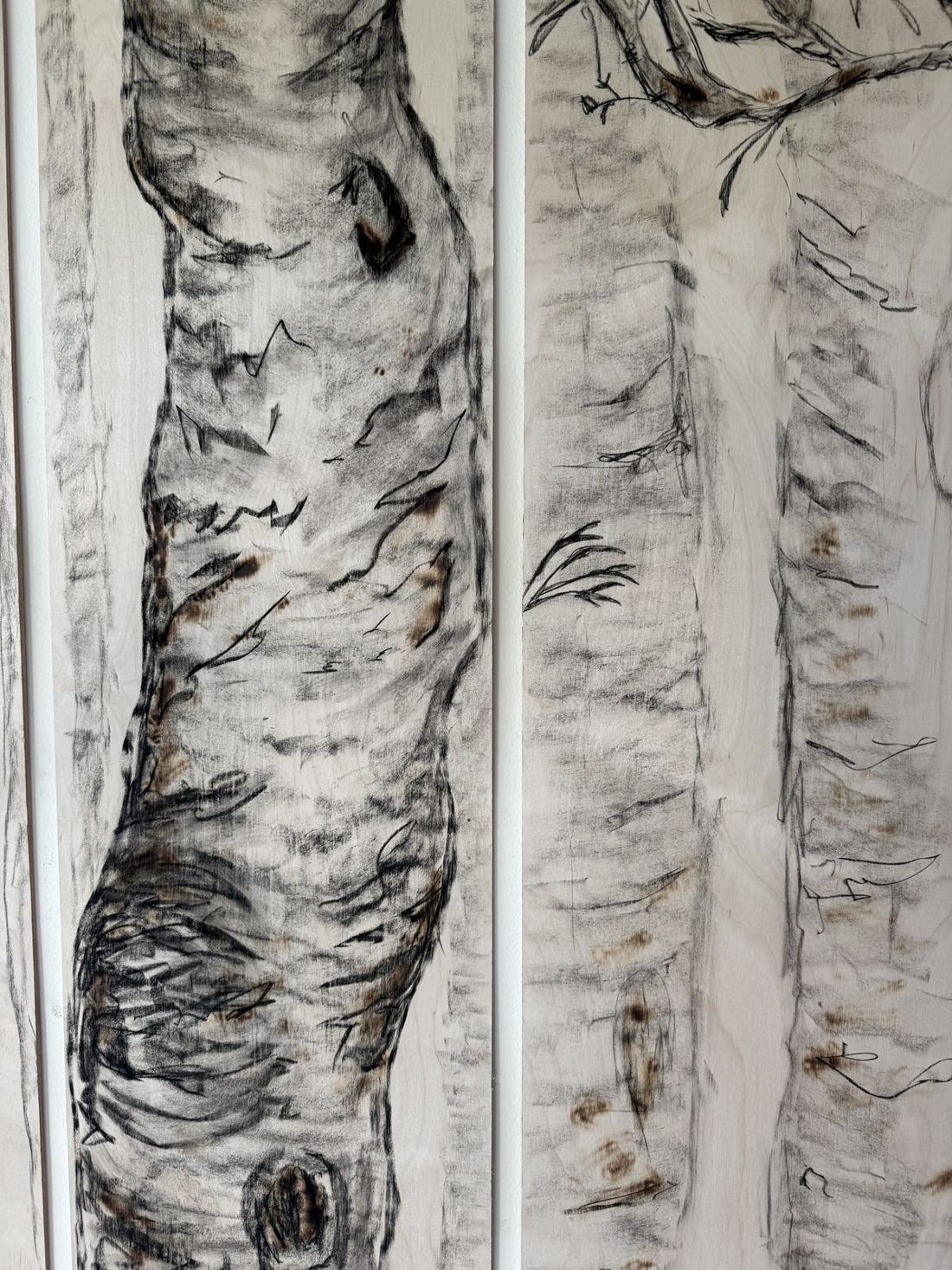 Tree panel — fire and charcoal on wood