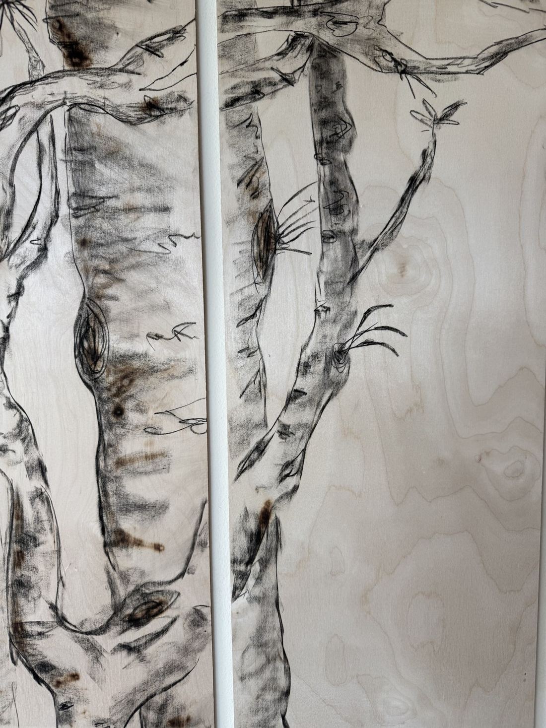 Tree panel — fire and charcoal on wood