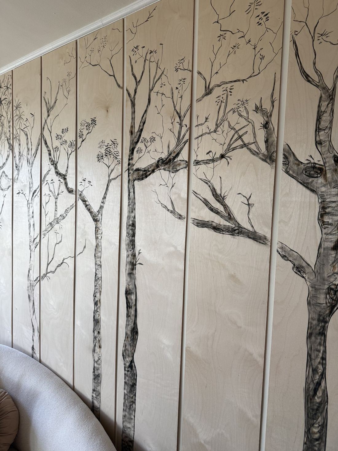 Tree panel — fire and charcoal on wood